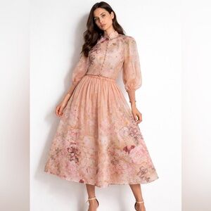 Zimmermann Dancer Floral Beige and Pink Blouse & Midi Skirt Set